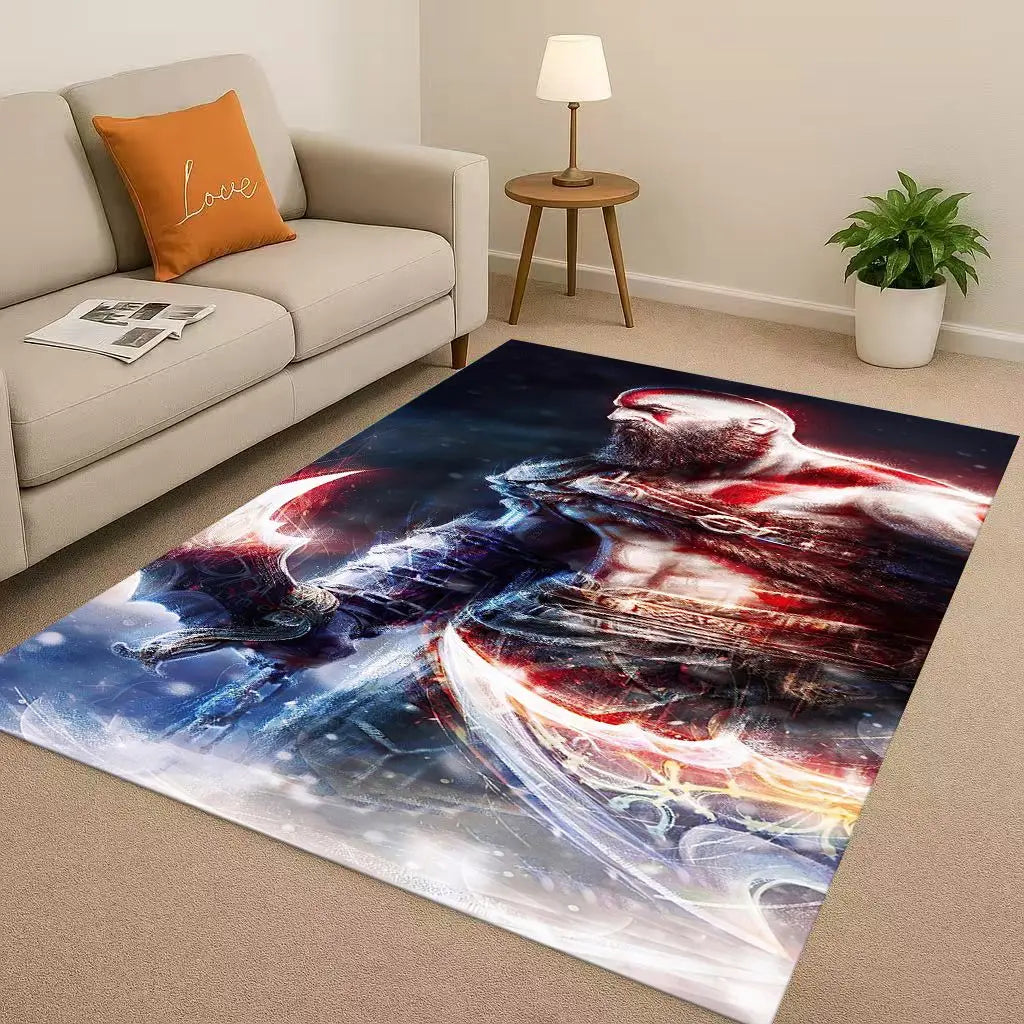 Game God of War Kratos Cartoon Gamer Living Room Non-Slip Area Rug Soft Carpet for Bedroom Playroom Sofa,Easy Clean Home Doormat