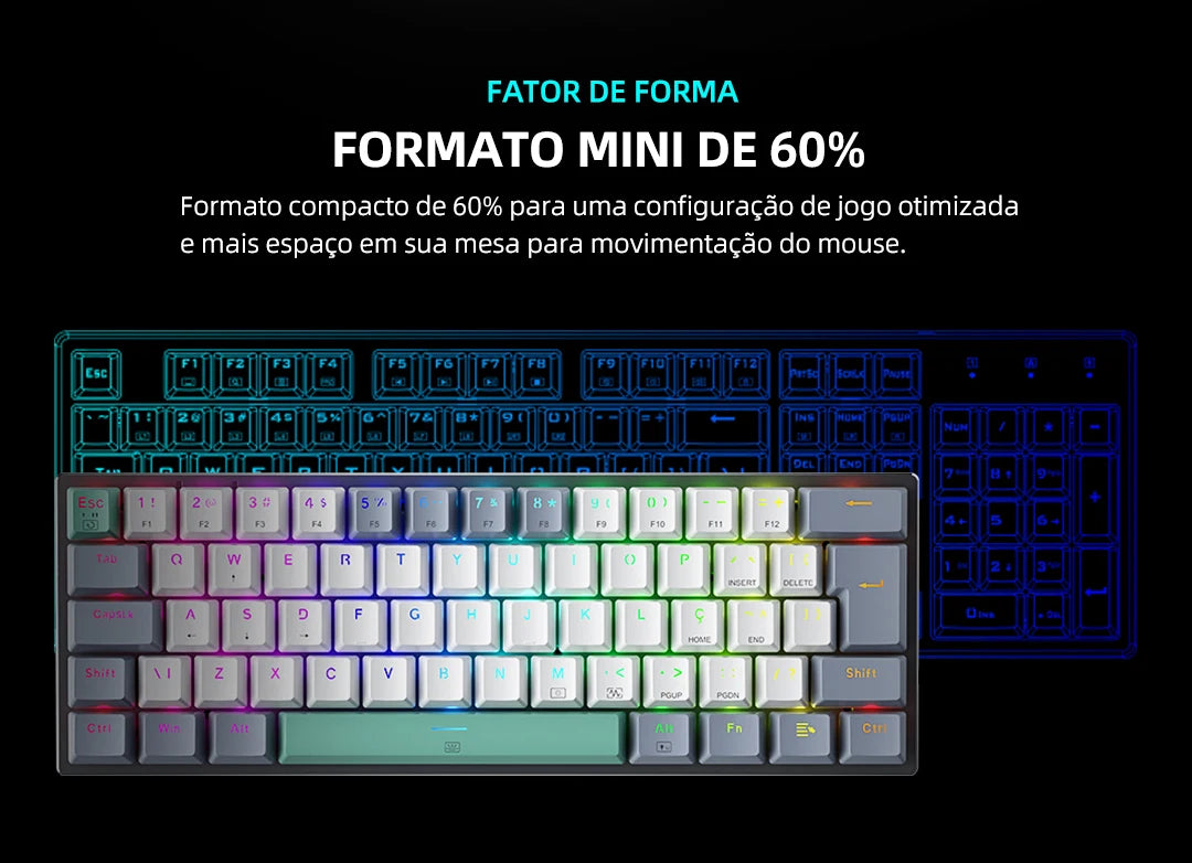 Teclado Mecânico Mini Machenike K500-B61 60% Layout ABNT2, Retroiluminação RGB, Hot-swappable, NKRO, Teclado Gaming com Fios para PC Gamer