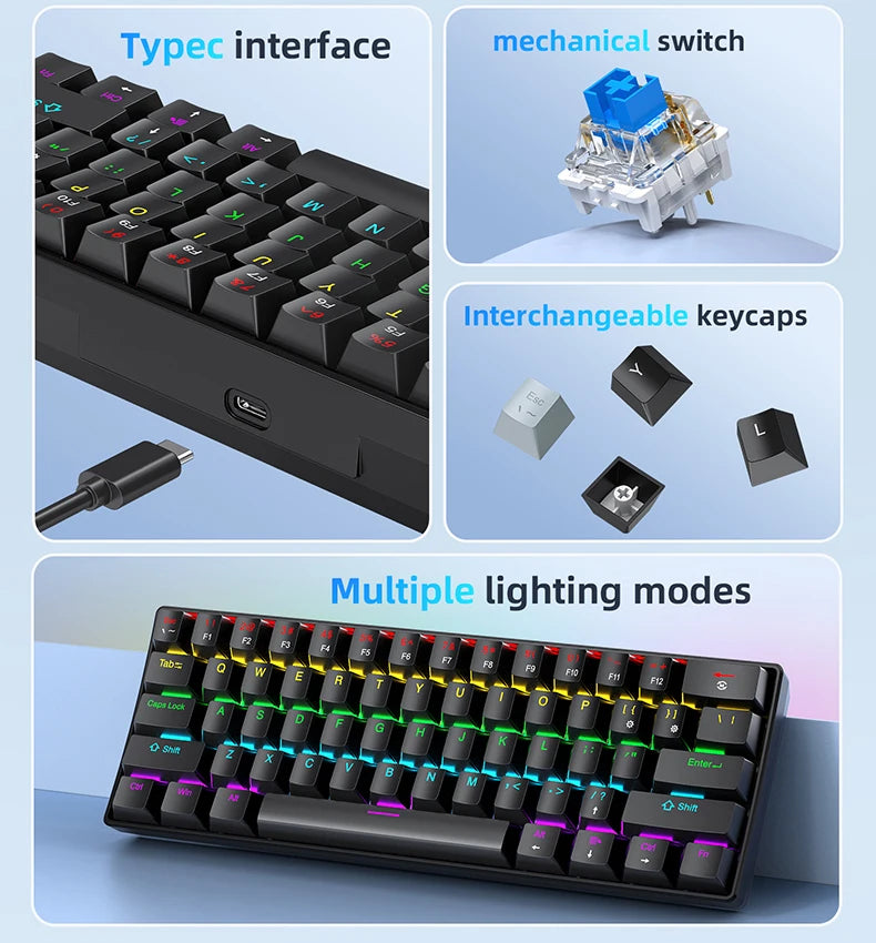 Teclado mecánico gaming con cable APAYADO K61 60% Mini Phantom RGB, 61 teclas, switch rojo/azul, ergonómico y portátil para PC/portátil