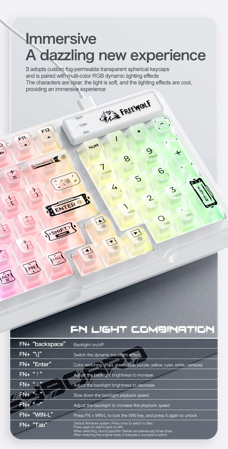 Teclado con cable FREEWOLF M95 con diseño transparente RGB, ideal para diversos escenarios como gaming y trabajo de oficina