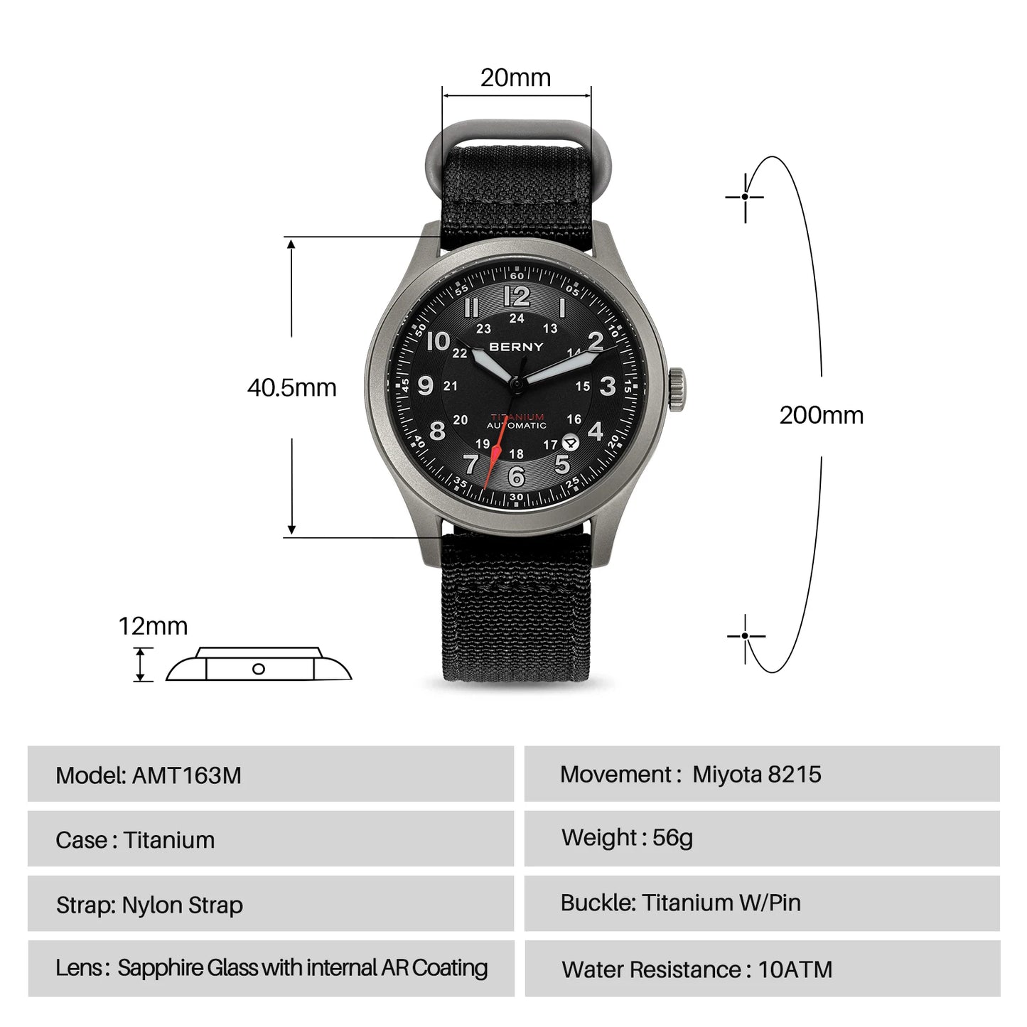 BERNY Titanium Automatic Men's Field Watches Date Sapphire Super Luminous Sports Easy Read Outdoor 10ATM Mechanical Watch