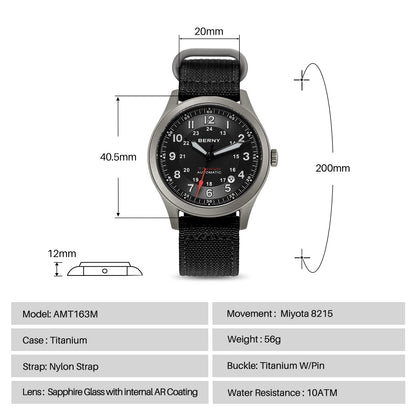 BERNY Titanium Automatic Men's Field Watches Date Sapphire Super Luminous Sports Easy Read Outdoor 10ATM Mechanical Watch