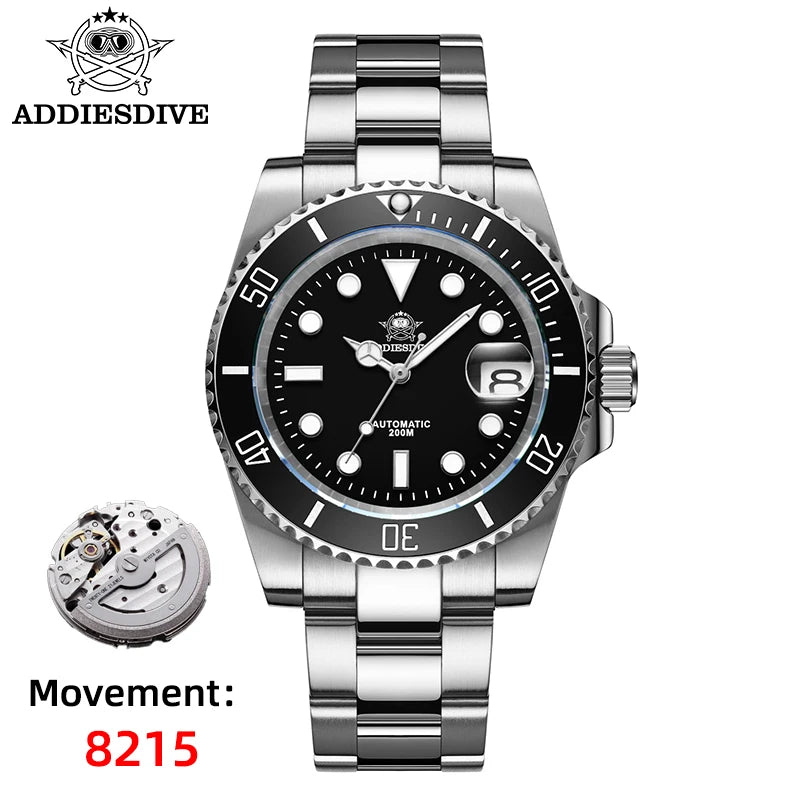 Relógio automático de luxo para homem ADDIESDIVE 8215, relógio mecânico luminoso BGW9 com vidro de safira, relógio de mergulho analógico para homem AD2503