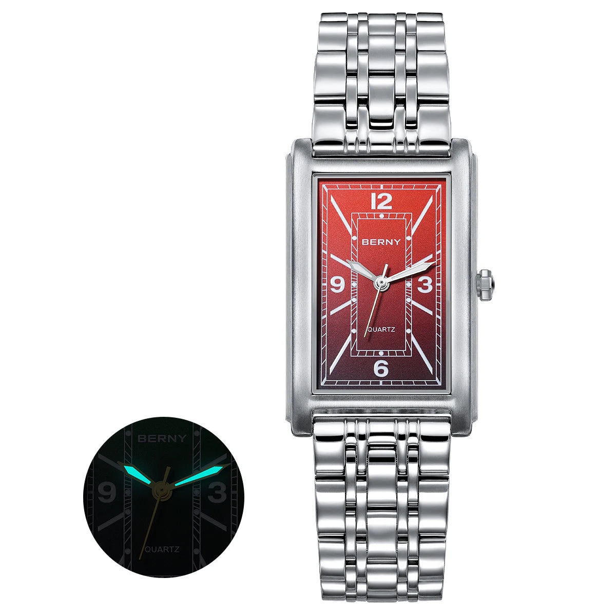 BERNY square men’s watch – Quartz movement, Roman numeral dial, luminescent display, 316L stainless steel case – An elegant and casual rectangular watch