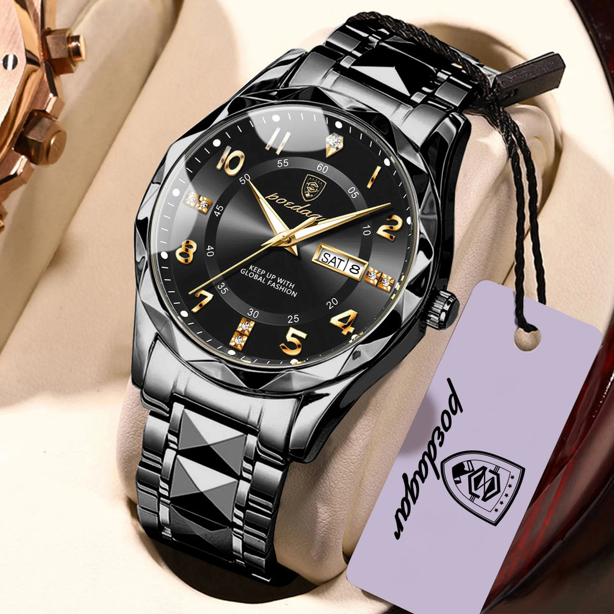 POEDAGAR Fashion Luxury herenhorloge, waterdicht, verlicht, quartz, roestvrijstalen band, datum en dag van de week, casual stijl.