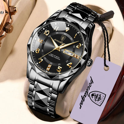 POEDAGAR Fashion Luxury herenhorloge, waterdicht, verlicht, quartz, roestvrijstalen band, datum en dag van de week, casual stijl.