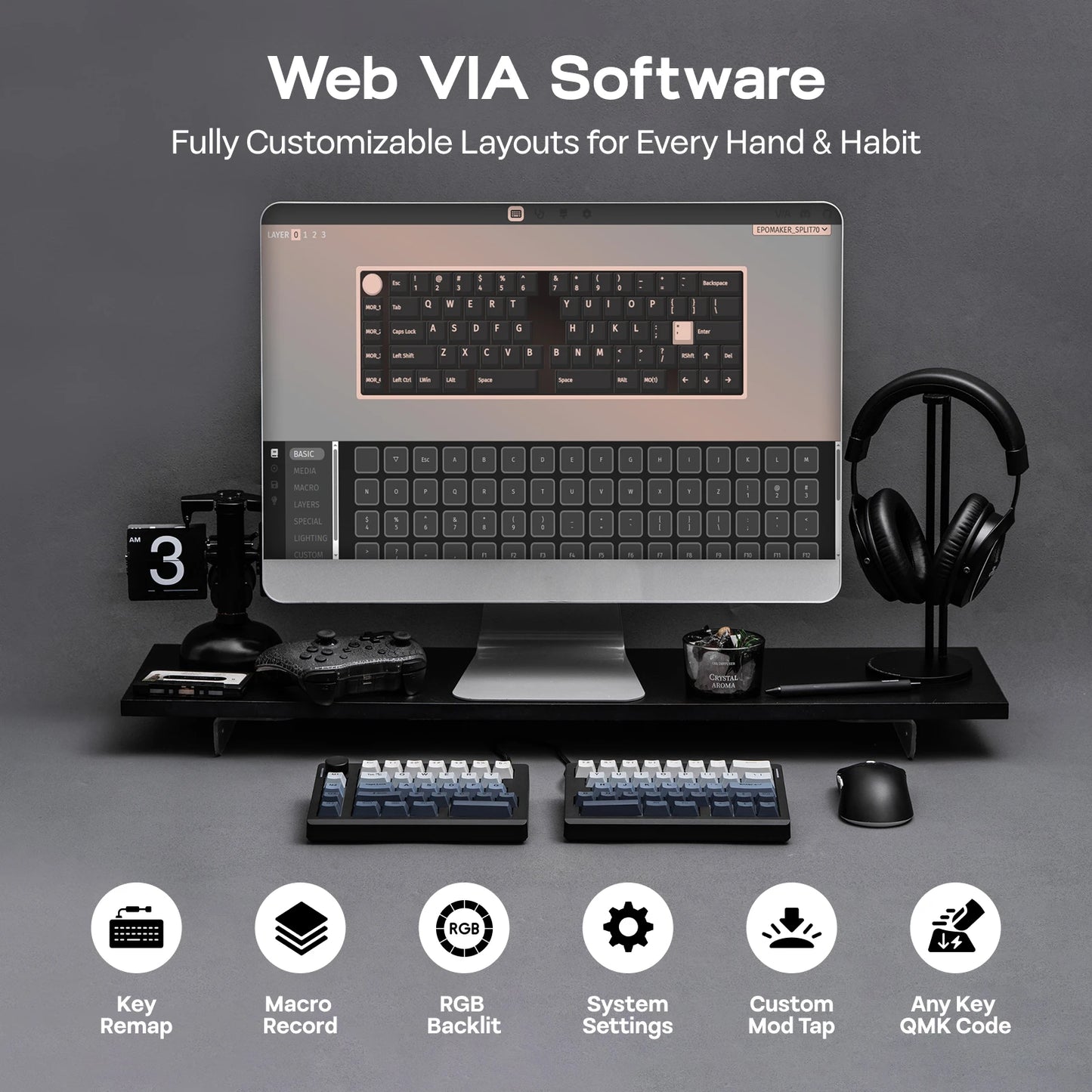 Teclado mecánico inalámbrico EPOMAKER Split70 QMK/VIA 70% con diseño dividido, conexión cableada/BT/2.4Ghz y perilla programable, modificador Mac