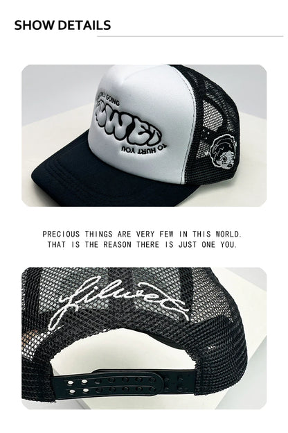 Novos bonés de basebol unissexo com blocos de cor, estampado com letras e bordado, estilo hip-hop, em malha respirável, com pala para proteção solar, bonés trucker urbanos e versáteis