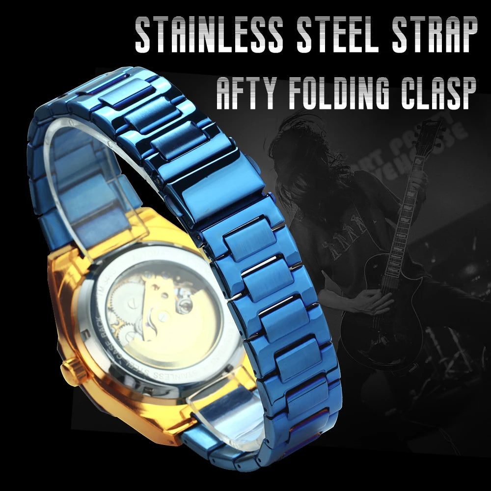 WINNER Black Gold Skeleton Mechanical Watches for Men Fashion irregular Automatic Watch Luxury Brand Stainless Steel Strap 2023