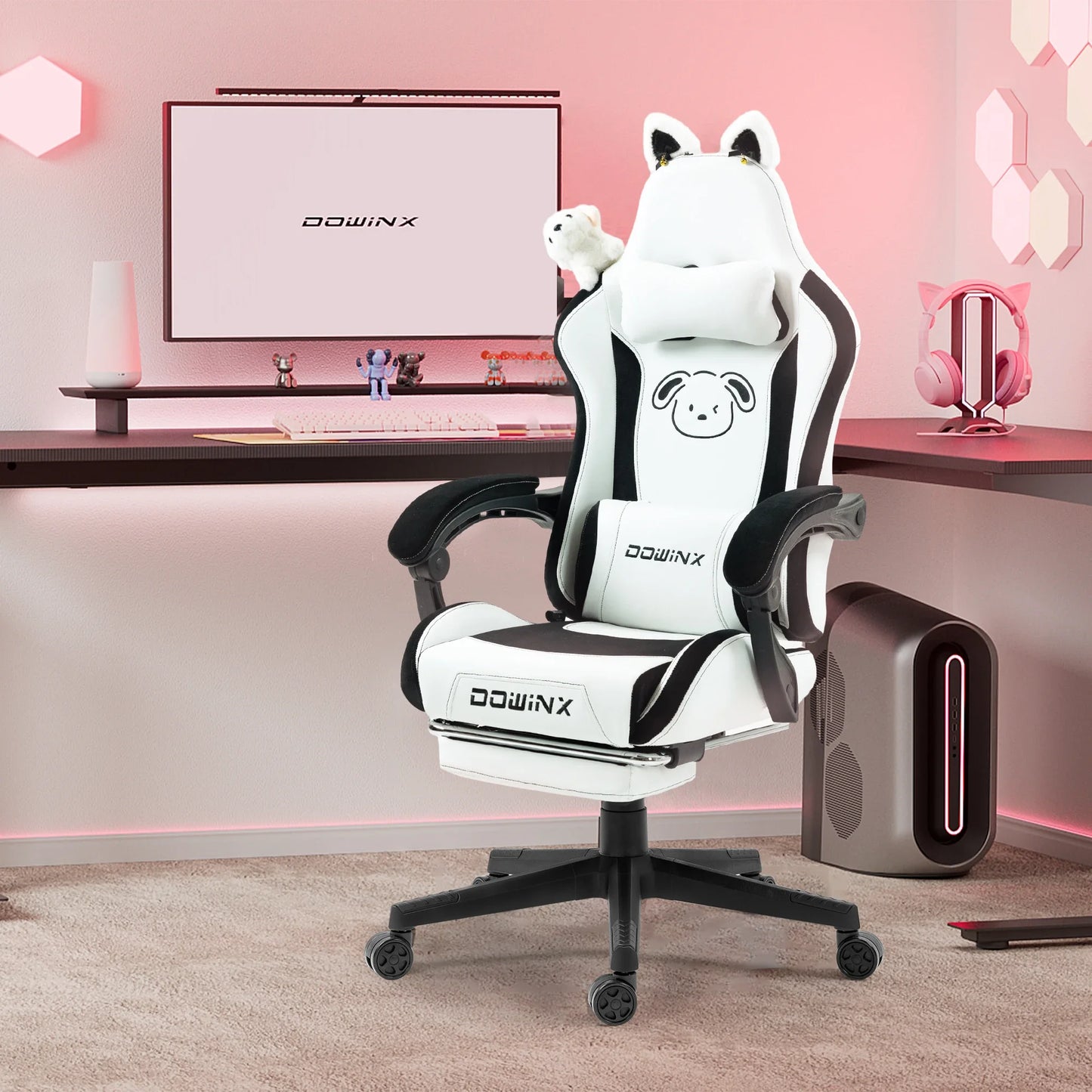 Sedia da gaming carina con orecchie da gatto, poggiapiedi, rosa kawaii, sedia per computer ergonomica con schienale alto, seduta gamer e supporto lombare a zampa di gatto