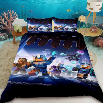 Capa de edredão infantil Cartoon Minecraft, conjunto de cama com capa de edredão, tamanho Queen, King e Full, com 1/2 fronha para quarto