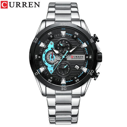 Montre homme de luxe CURREN 8402, neuve, en acier inoxydable, étanche, avec chronographe et éclairage nocturne.