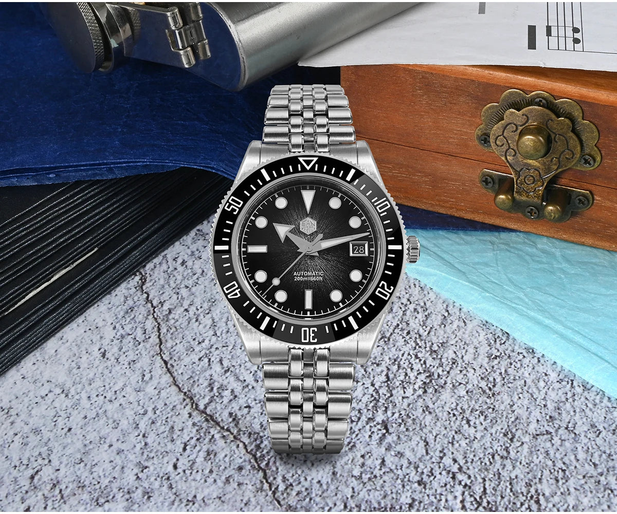 Orologio subacqueo di lusso da uomo San Martin 40mm, Miyota 9015, quadrante smaltato sunburst, automatico meccanico, impermeabile 200m, SN0148