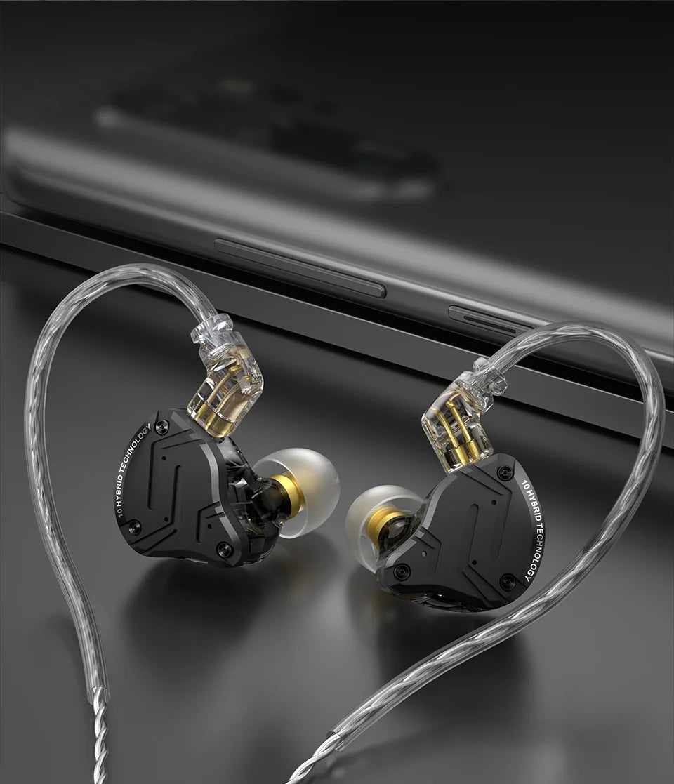 Auscultadores In-Ear com Fio KZ ZS10 Pro X, HiFi, Graves de Monitorização, Cabo Amovível e Microfone