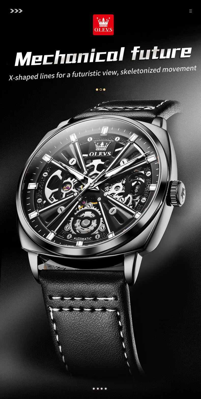 OLEVS 6685 Men's Watches Mechanical Wristwatch 30m Waterproof Luminous Leather Strap Original Man Watch