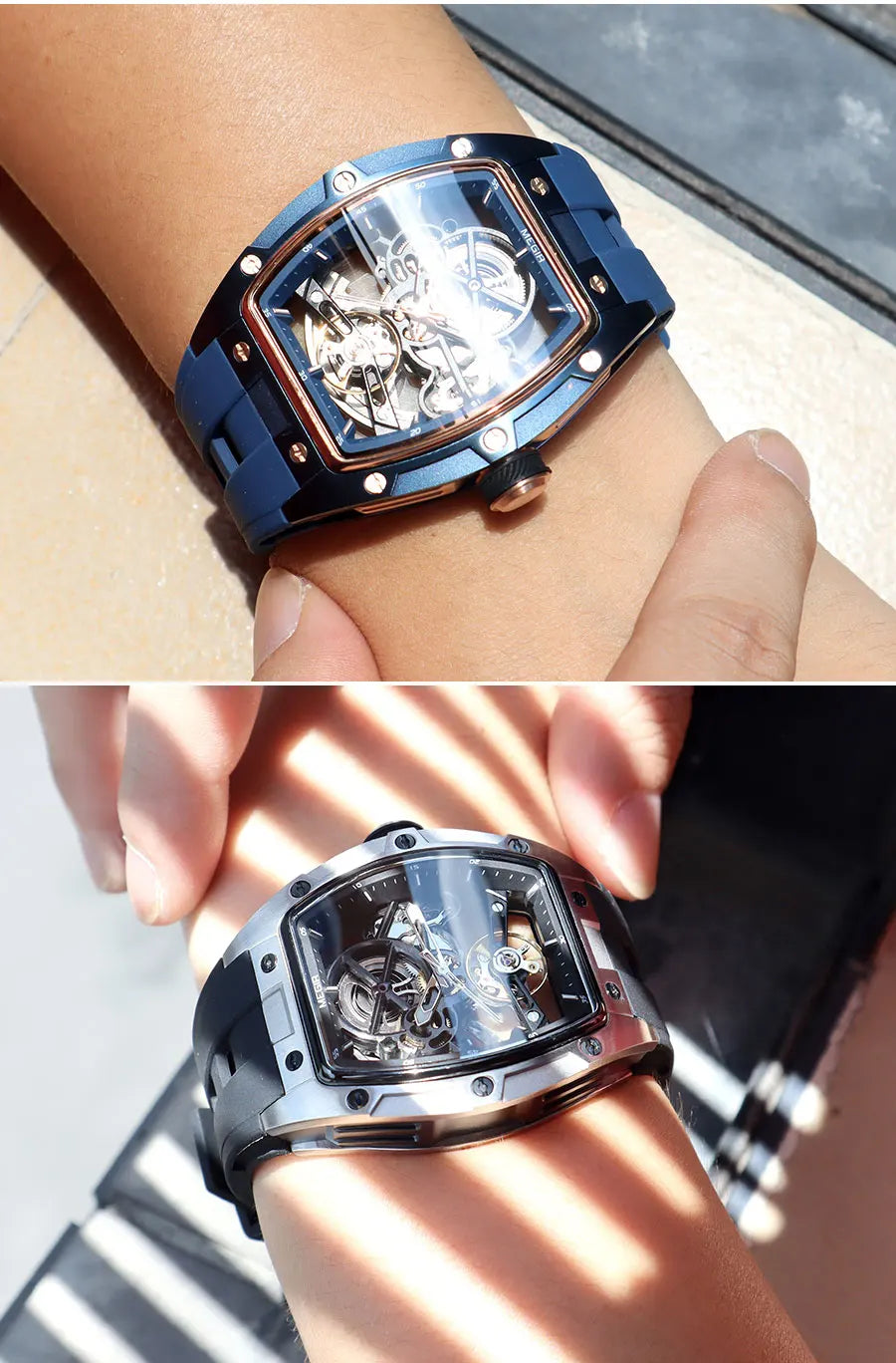 MEGIR 2242 Blue Automatic Watch for Men Sport Waterproof Stainless Steel Mechanical Wristwatch with Silicone Strap Skeleton Dial
