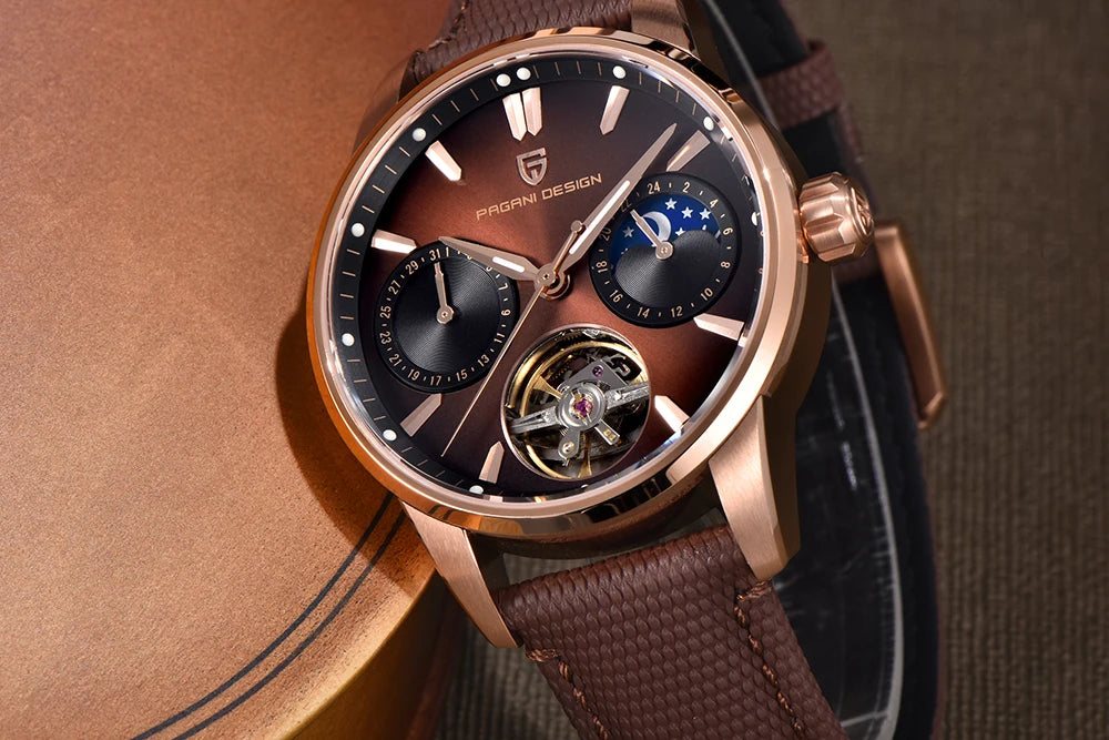 PAGANI DESIGN – Mekanisk lyxklocka för män, 41 mm, safirglas, läderarmband, vattentät, pilotstil, med tourbillon och månfas