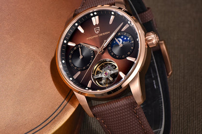 PAGANI DESIGN – Mekanisk lyxklocka för män, 41 mm, safirglas, läderarmband, vattentät, pilotstil, med tourbillon och månfas