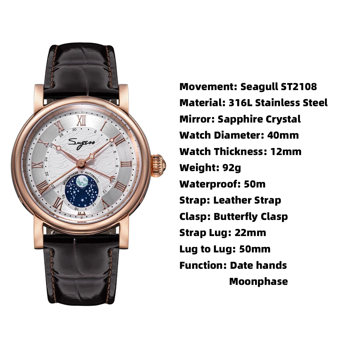 Sugess Moonphase Automatic Mechanical Men's Watch Wristwatches Original Movement ST2108 Waterproof Clock Sapphire Special Date