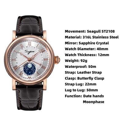 Sugess Moonphase Automatic Mechanical Men's Watch Wristwatches Original Movement ST2108 Waterproof Clock Sapphire Special Date