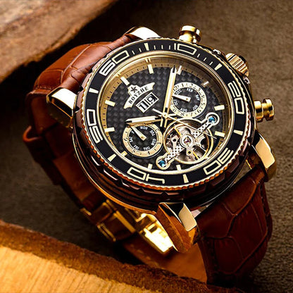 BOYZHE Brand Luxury Tourbillon Mechanical Watch Men Sports Leather Strap Waterproof Classic Date Week Automatic Sapphire Watches