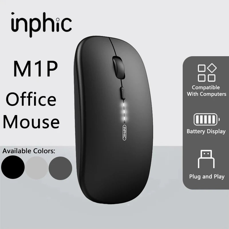 Ratón inalámbrico silencioso de oficina Inphic M1P ultrafino portátil con interfaz USB, indicador de batería y carga TYPE-C