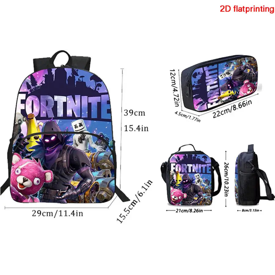 Conjunto FORTNITE leve de 3 peças: mochila com bolso frontal, lancheira e estojo, com porta-chaves 3D impresso grátis, para meninos, meninas e crianças dos 5 aos 10 anos