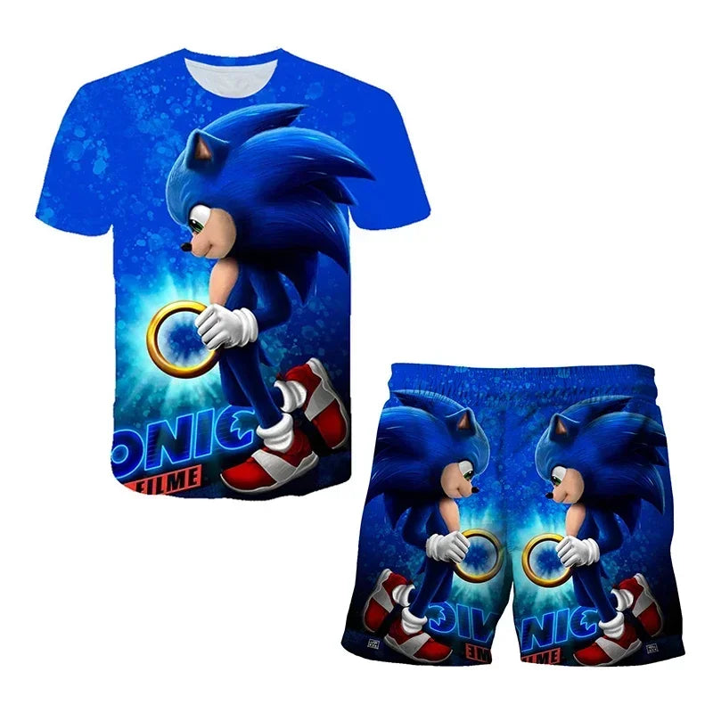 Fashion 3D Anime Children's T-shirt Set Sonic The Hedgehog Top Short Sleeve + Shorts Two-piece Set Girls Boys Cosplay Costume