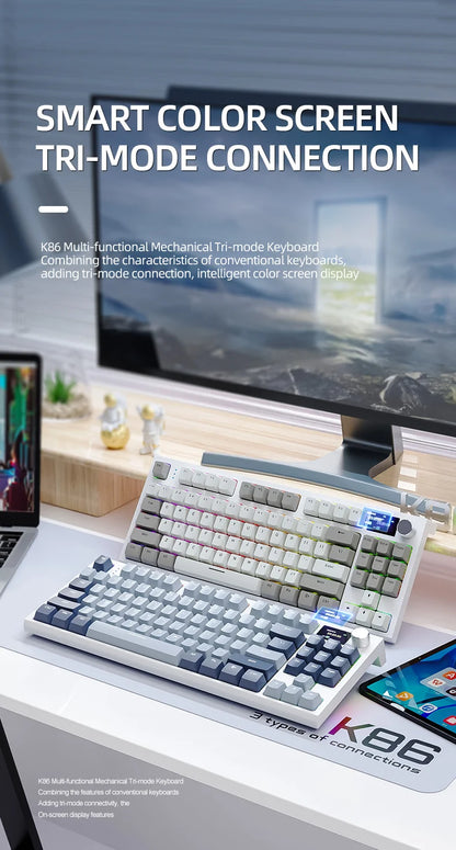 Tastiera meccanica ATTACK SHARK K86 con manopola in metallo, schermo smart TFT a colori, layout a 87 tasti, illuminazione RGB e connessione tri-mode