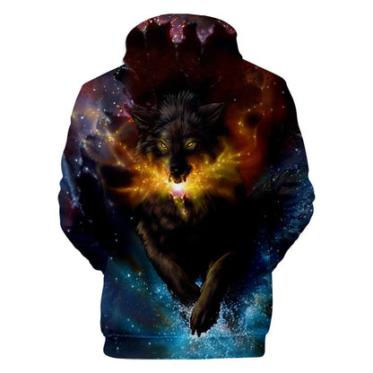 Sweatshirt com Capuz Cool Space Galaxy Wolf para Homem — Lobo Brilhante, Estilo Fashion, Pullover de Primavera e Outono