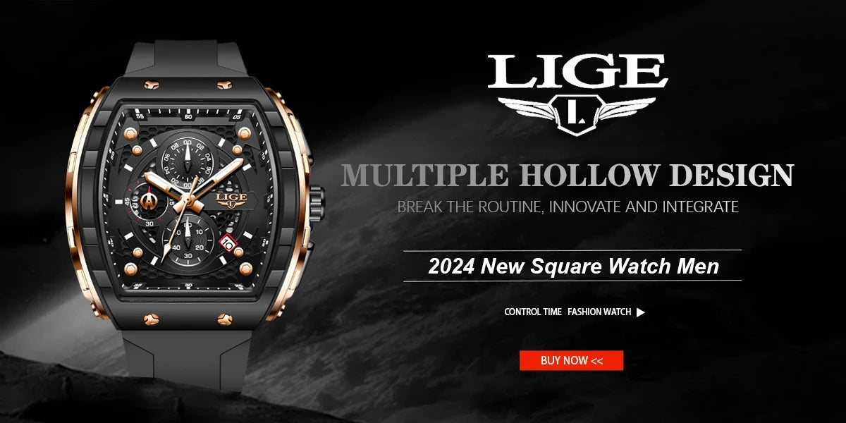 Relógio de Homem LIGE — Moda de Luxo, Impermeável, Bracelete em Silicone, Quartzo, Luminoso, Desportivo, Data Automática e Cronógrafo Simples
