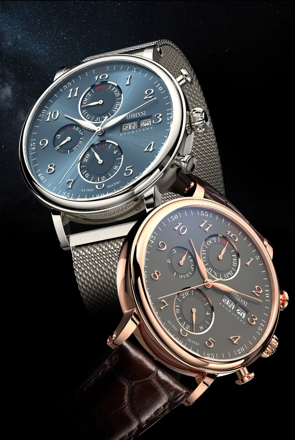 Reloj de lujo suizo LOBINNI para hombre, mecánico automático con calendario perpetuo, cristal de zafiro y multifunción L13019-8
