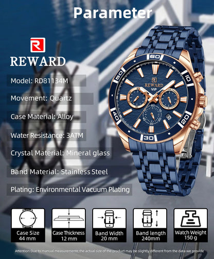 REWARD Mens Watches Waterproof  Luminous Quartz Wristwatch Business Stainless Steel Strap with gift box