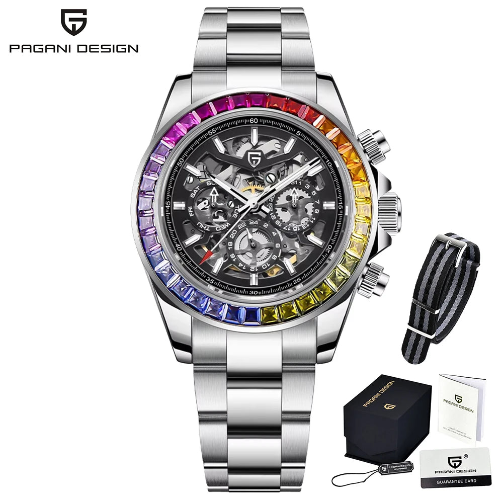 PAGANI DESIGN Orologio meccanico automatico da uomo in acciaio inossidabile, impermeabile 10Bar, sportivo, di lusso casual per uomo