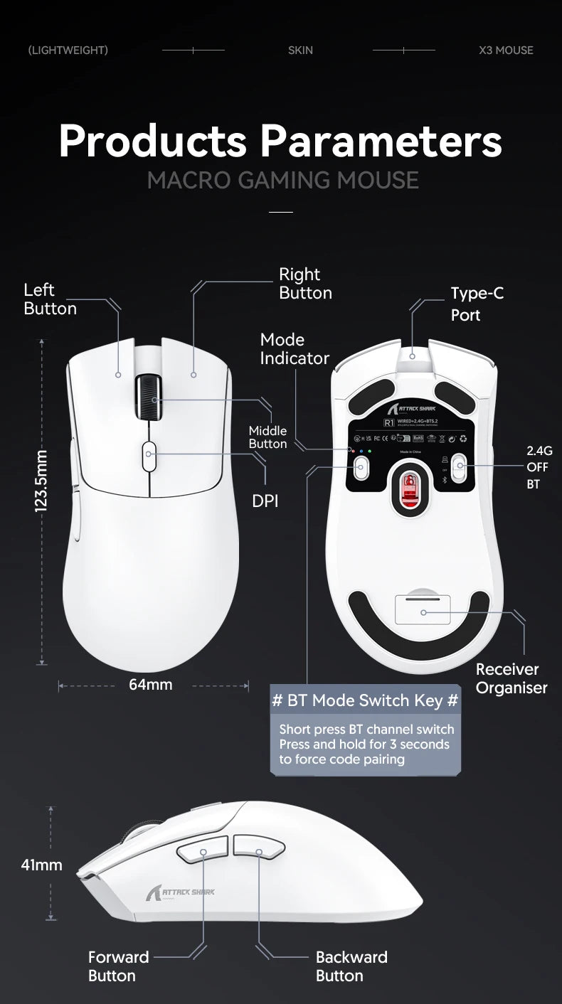 Attack Shark R1/X11 Tri-Mode Wireless Gaming Mouse 18K DPI PAW3311 Bluetooth/2.4GHz/Wired Lightweight Programmable for PC/Laptop
