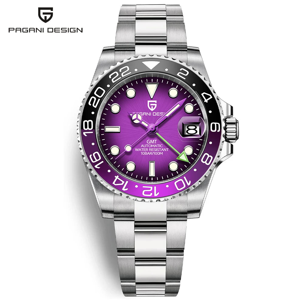 Montre mécanique pour homme PAGANI DESIGN (40 mm) – Cadran violet, fonction GMT, bracelet type Jubilee, verre saphir, étanche, mouvement automatique