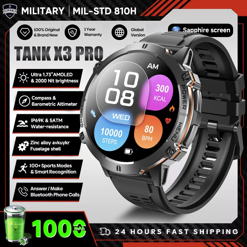2026 Novo Smartwatch Militar TANK X3 para Homem, Bateria 1000mAh, 10ATM À Prova de Água para Natação, Percurso GPS, Ecrã AMOLED HD de 1.75", Chamadas e Desporto