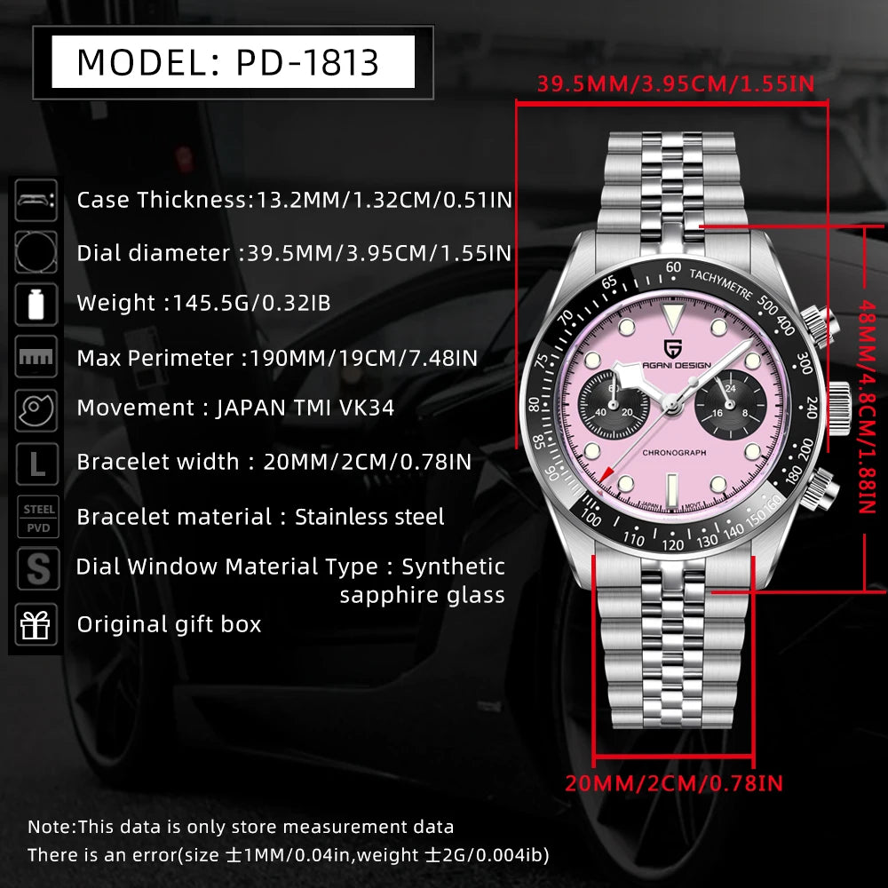 PAGANI DESIGN Men Watches 2026 New Pink BB Panda Dial Chronograph Fashion Luxury Quartz Watch For Men VK64 Movt Waterproof Watch