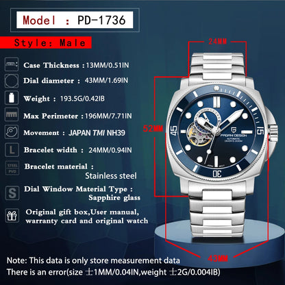 PAGANI DESIGN 2025 New Tourbillon Skeleton Luxury Automatic Watch For Men Japan NH39A Stainless steel Mechanical WristWatch Men