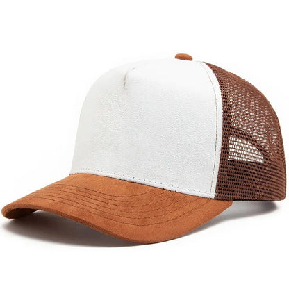 Boné trucker unissexo 2025 de 5 painéis em malha e camurça com logótipo personalizado, boné de basebol para homem, primavera/verão, respirável, desportivo, para mulher