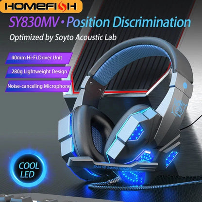 Auscultadores Gaming HOMEFISH SY830MV RGB com Microfone – Auscultadores Gaming Over-Ear com Fio para PC, PS5, Xbox e Nintendo Switch, Headset Esports Leve com Som Surround 3D