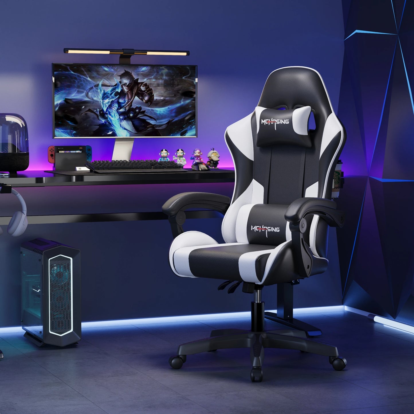 Sedia gaming e-sport ergonomica dal design moderno, con rotazione girevole, ruote e stile avvolgente, per ufficio, casa e postazione computer