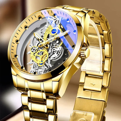 Trendy herenhorloge, model met dubbele opening, luxe gouden uitvoering, imitatie van een mechanisch tourbillon, quartz uurwerk.
