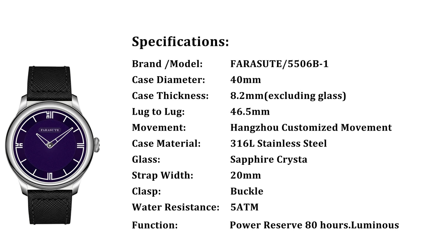 FARASUTE New Power Reserve 80 Hours Manual Mechanical Watch For Men Swiss Super Luminous Sapphire 5Bar Waterproof Wristwatches
