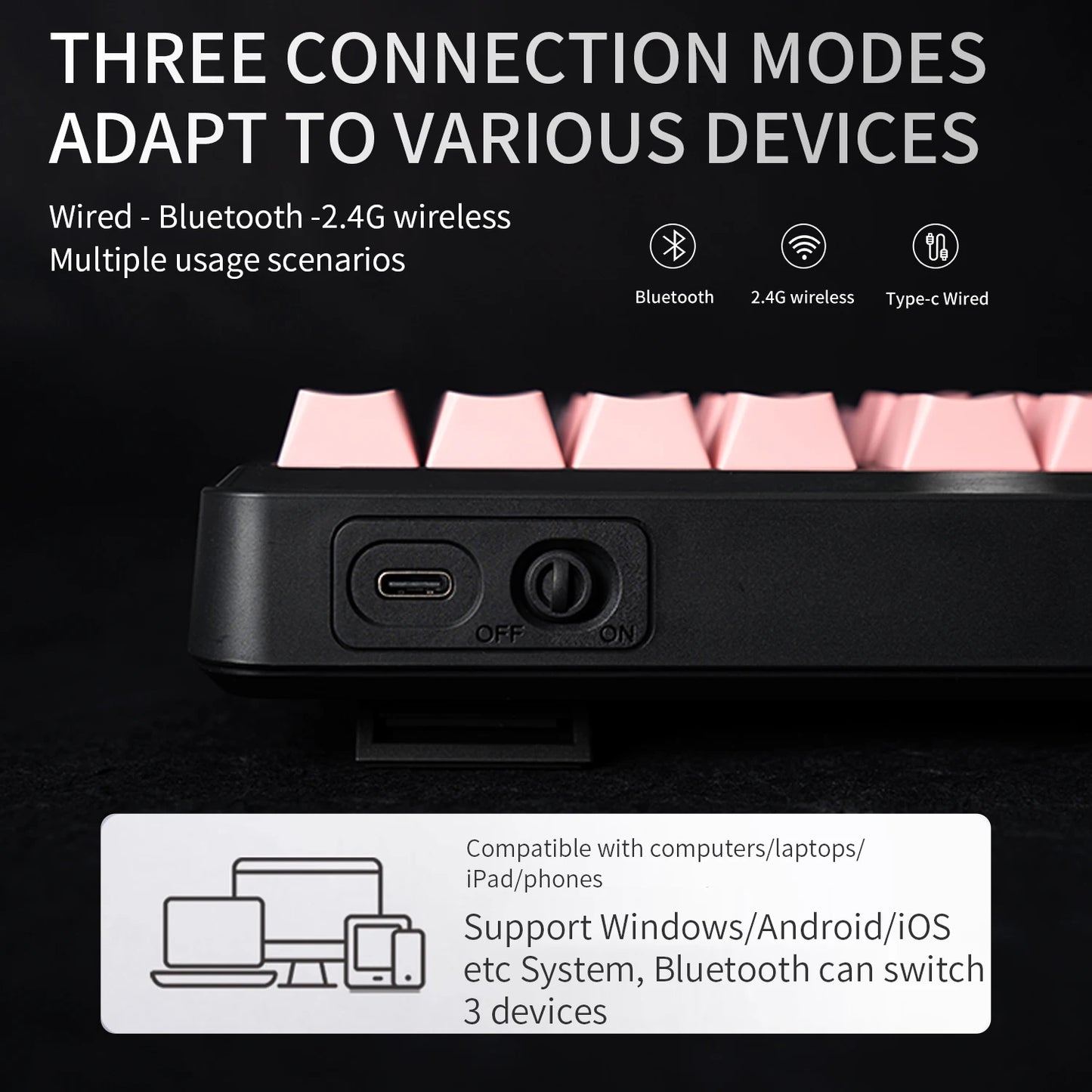 Tastiera Bluetooth V108 Pro Office a bassa rumorosità 2.4G cablata e wireless, layout completo con membrana retroilluminata RGB