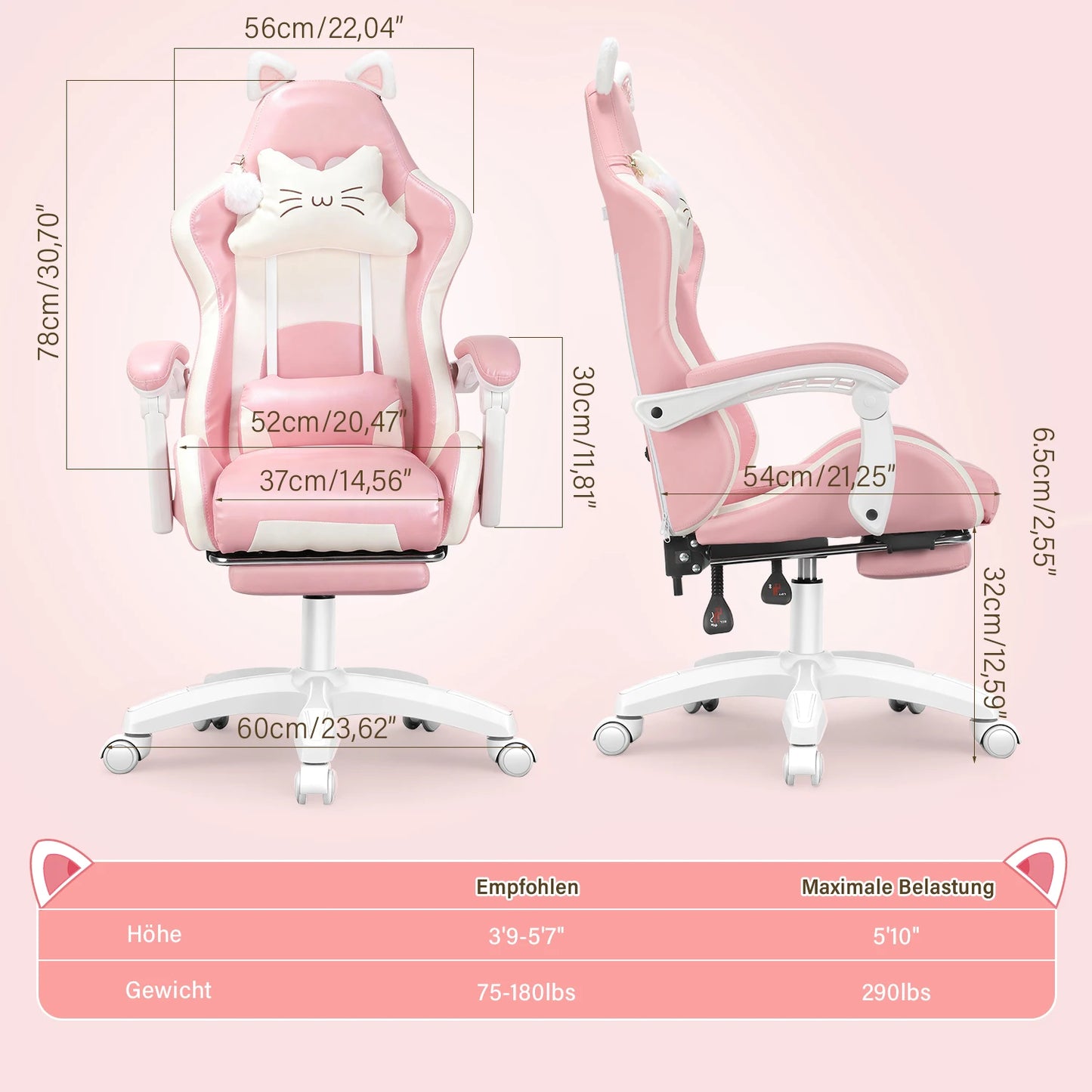 Sedia da gaming con orecchie da gatto, poltrona da computer con poggiapiedi e supporto lombare, sedia da gioco regolabile in altezza, seduta girevole a 360°