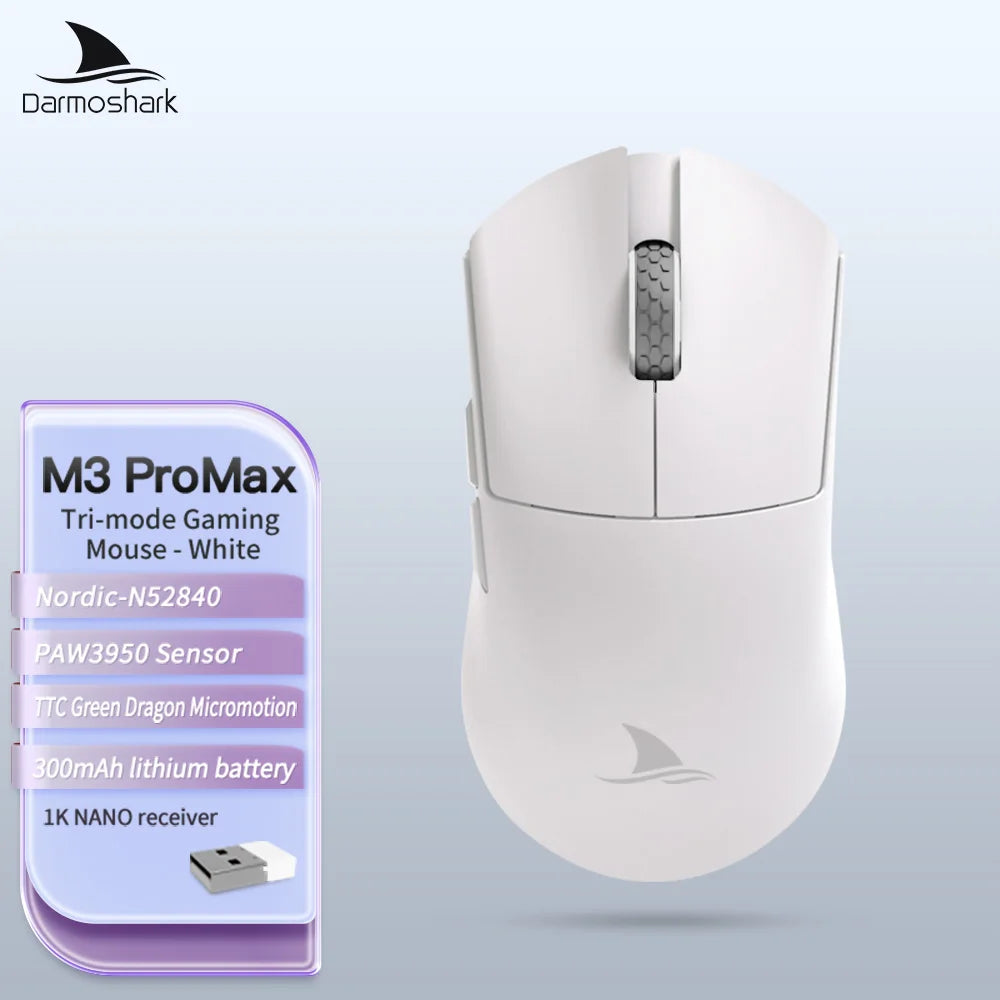 Mouse da gaming Darmoshark M3Pro 2.4G BT wireless tri-mode, sensore PAW3395, N52840, 26000DPI, mouse con driver macro per mani grandi per il gaming