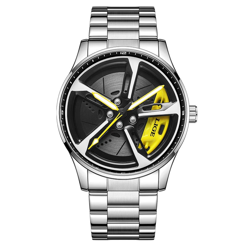 LIGE New Sport 3d Car Wheel Rim Hub Watch Fashionable Rotating Dial Stainless Steel Strap Waterproof Quartz Watches reloj hombre