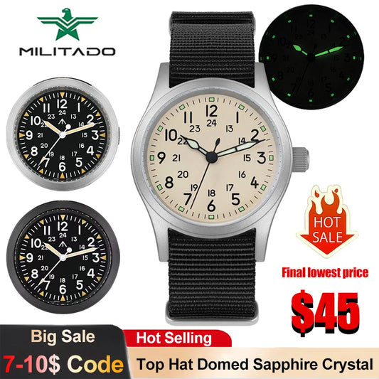 Militado ML05 Military Watch VH31 Sweep Quartz Movement Top Hat Domed Sapphire Crystal Vintage Watch 100m Waterproof Mens Watch