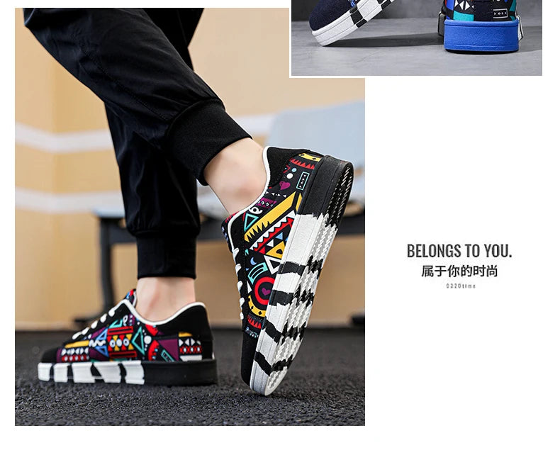 YRZL Sapatilhas de corrida desportivas para homem em lona, estilo geométrico, com atacadores, sapatilhas de casal com estampado graffiti moderno, sapatos de skate para homem
